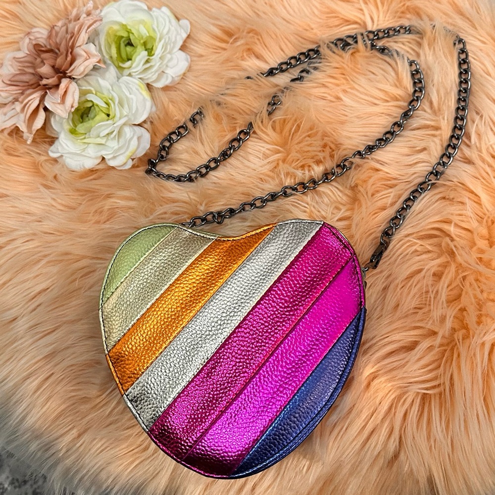 Multi Colorful Stripe Metallic Heart Shaped Crossbody Handbag Chain Strap NEW!